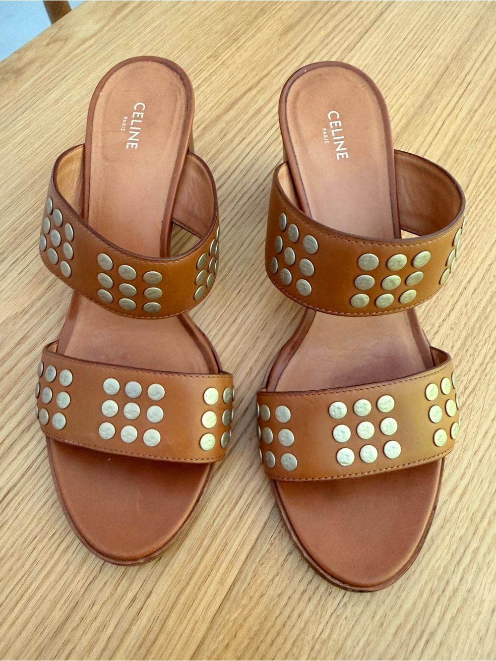 Celine Brown Leather Double-Band Stud Slide Sandals - They run small